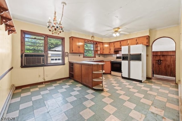 226 Wilson Rd, Franklin Twp, NJ 08873 - kitchen with open shelves, electric range, a peninsula, and white fridge with ice dispenser