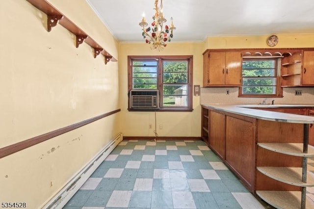 226 Wilson Rd, Franklin Twp, NJ 08873 - kitchen featuring baseboard heating, tile patterned floors, open shelves, and brown cabinetry