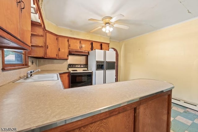 226 Wilson Rd, Franklin Twp, NJ 08873 - kitchen featuring brown cabinets, electric range, a sink, white refrigerator with ice dispenser, and under cabinet range hood