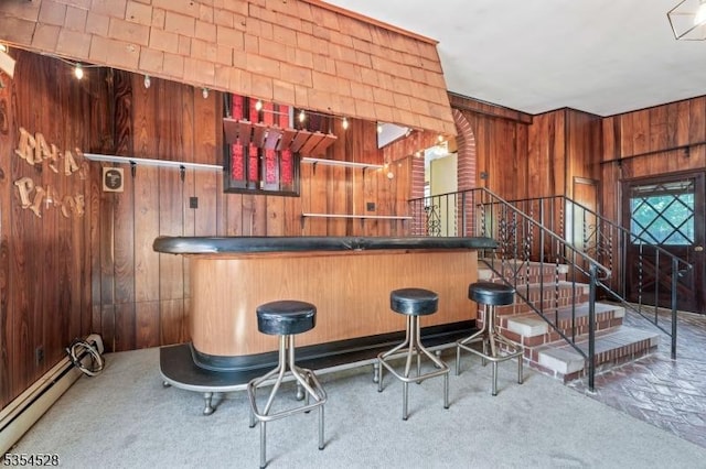 226 Wilson Rd, Franklin Twp, NJ 08873 - bar featuring carpet floors, wooden walls, stairway, baseboard heating, and a bar