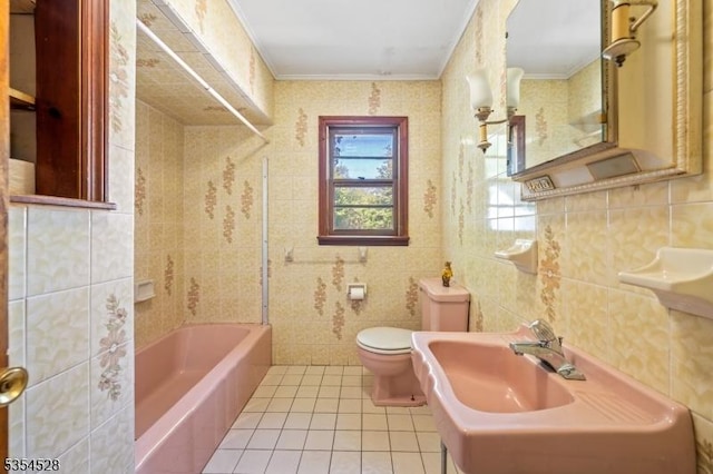 226 Wilson Rd, Franklin Twp, NJ 08873 - full bathroom featuring crown molding, tile patterned flooring, shower / bathtub combination, toilet, and tile walls