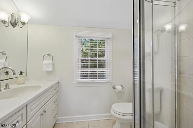 bathroom with tile patterned flooring, vanity, toilet, baseboards, and a stall shower