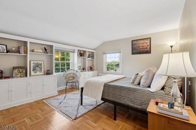 bedroom featuring lofted ceiling