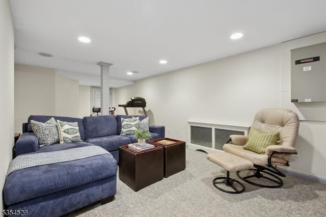 carpeted living room featuring recessed lighting