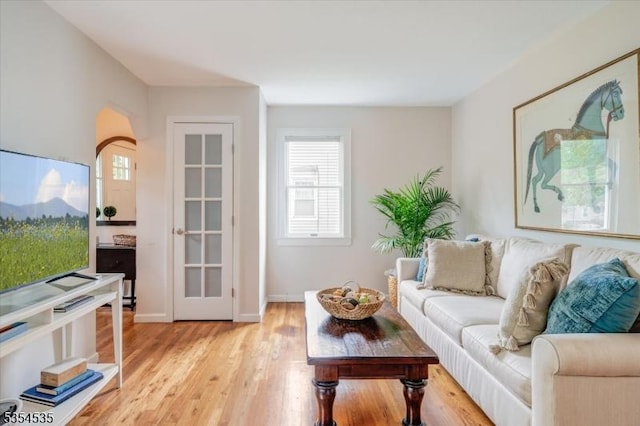 living room with plenty of natural light, light wood-style flooring, and baseboards