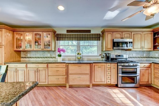 kitchen featuring dark stone counters, light wood-style floors, appliances with stainless steel finishes, and tasteful backsplash