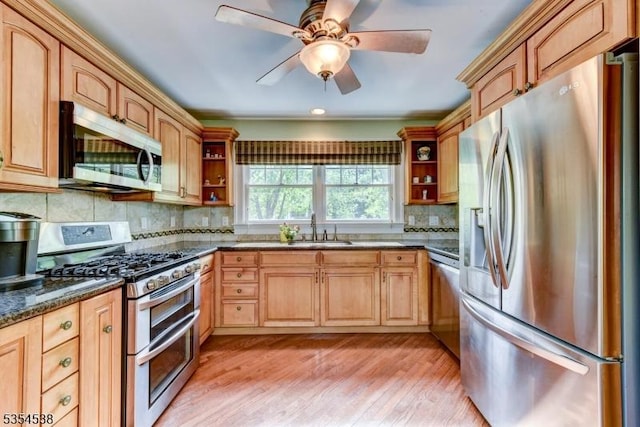 kitchen featuring open shelves, tasteful backsplash, a sink, light wood finished floors, and appliances with stainless steel finishes