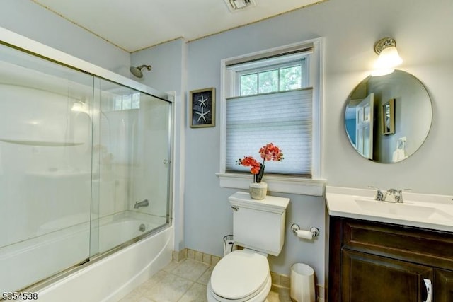full bath with vanity, toilet, tile patterned floors, enclosed tub / shower combo, and visible vents