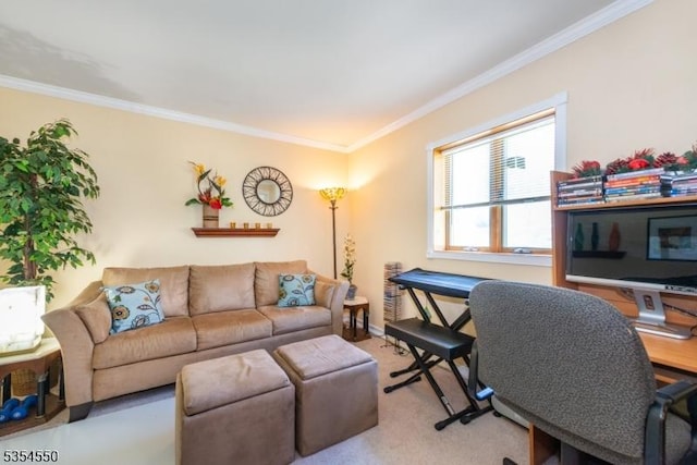 interior space featuring crown molding and light colored carpet