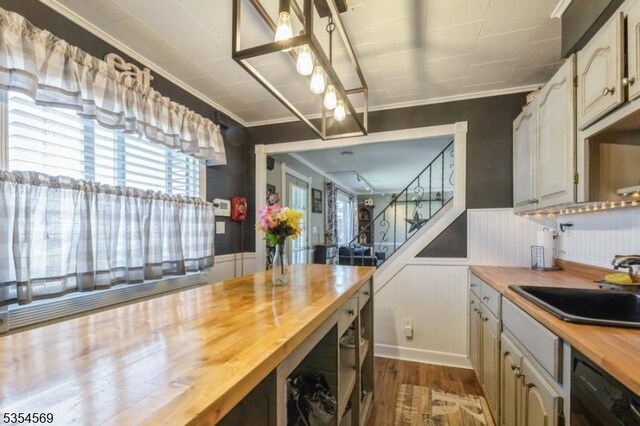 kitchen featuring crown molding, wainscoting, butcher block countertops, black dishwasher, and dark wood finished floors