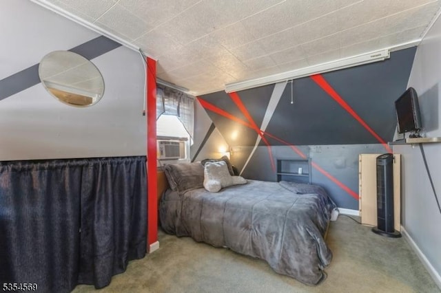 carpeted bedroom with baseboards and cooling unit