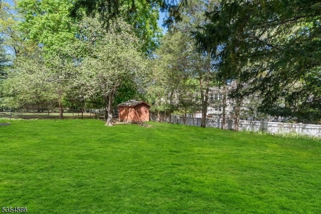 view of yard featuring a fenced backyard, an outbuilding, and a storage shed