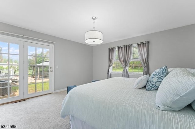 bedroom with carpet floors, baseboards, multiple windows, and access to exterior