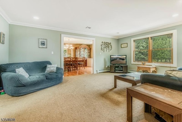 34 Hunter St, Roxbury Twp, NJ 07876 - carpeted living room with a chandelier, crown molding, a baseboard heating unit, and recessed lighting