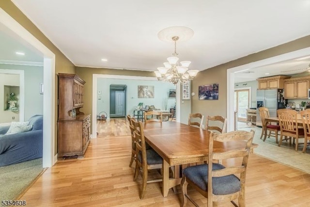 34 Hunter St, Roxbury Twp, NJ 07876 - dining room featuring a chandelier, light wood finished floors, crown molding, and recessed lighting