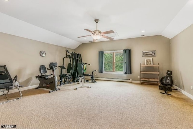 34 Hunter St, Roxbury Twp, NJ 07876 - exercise room featuring lofted ceiling, baseboard heating, carpet floors, a ceiling fan, and baseboards