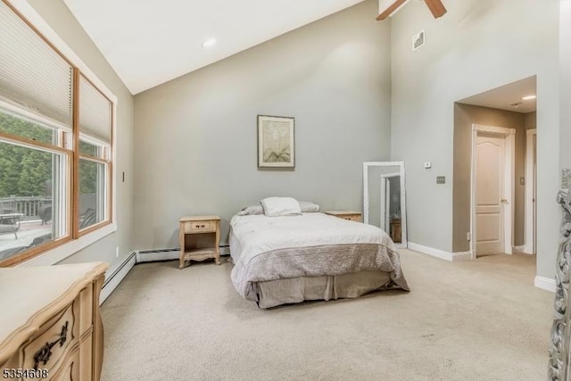 34 Hunter St, Roxbury Twp, NJ 07876 - bedroom with light carpet, high vaulted ceiling, baseboards, a baseboard radiator, and a ceiling fan