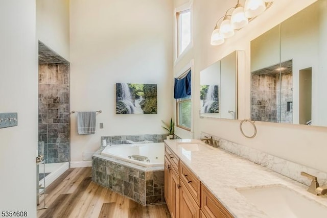 34 Hunter St, Roxbury Twp, NJ 07876 - bathroom featuring wood finished floors, a shower stall, a towering ceiling, a bath, and double vanity