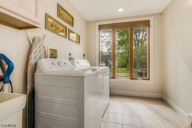 34 Hunter St, Roxbury Twp, NJ 07876 - laundry room with washer and dryer, cabinet space, baseboards, light tile patterned flooring, and recessed lighting