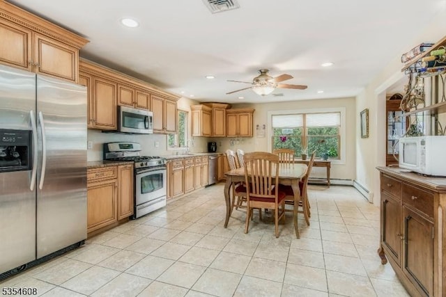 34 Hunter St, Roxbury Twp, NJ 07876 - kitchen featuring appliances with stainless steel finishes, healthy amount of natural light, a ceiling fan, light tile patterned floors, and recessed lighting