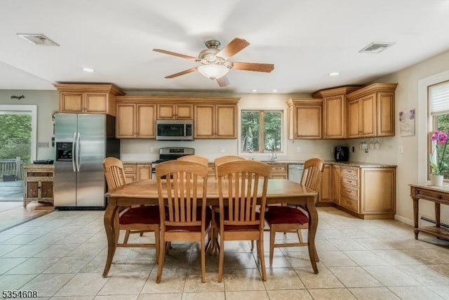 34 Hunter St, Roxbury Twp, NJ 07876 - dining area with plenty of natural light, a ceiling fan, light tile patterned floors, and recessed lighting