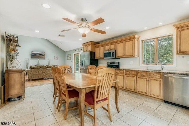 34 Hunter St, Roxbury Twp, NJ 07876 - dining area with light tile patterned floors, ceiling fan, recessed lighting, and lofted ceiling