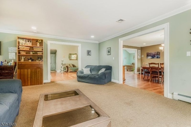 34 Hunter St, Roxbury Twp, NJ 07876 - carpeted living room featuring crown molding, recessed lighting, a baseboard radiator, and baseboards