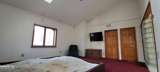 12 Ridge Rd, Andover Twp, NJ 07860 - bedroom with high vaulted ceiling, dark colored carpet, and visible vents