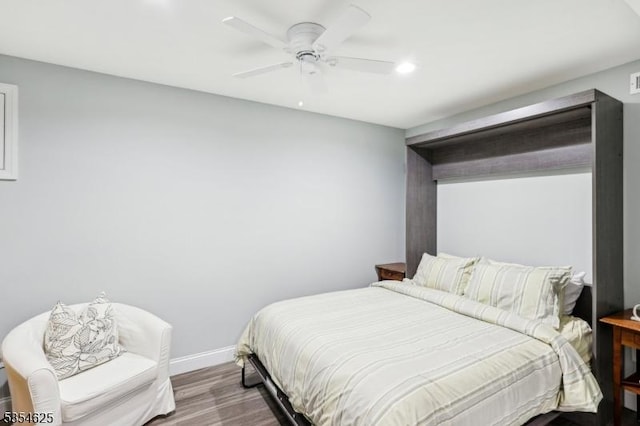 bedroom with recessed lighting, baseboards, a ceiling fan, and wood finished floors