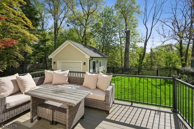 wooden terrace with a fenced backyard, a yard, and an outdoor living space