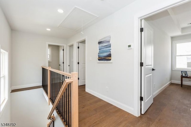 553 Thoreau Ter, Union Twp, NJ 07083 - corridor with attic access, recessed lighting, baseboards, an upstairs landing, and wood finished floors