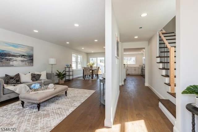 553 Thoreau Ter, Union Twp, NJ 07083 - living room with stairs, recessed lighting, baseboards, and wood finished floors