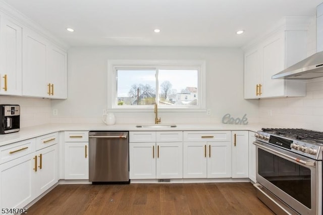 553 Thoreau Ter, Union Twp, NJ 07083 - kitchen with dark wood-style floors, wall chimney exhaust hood, white cabinetry, a sink, and appliances with stainless steel finishes