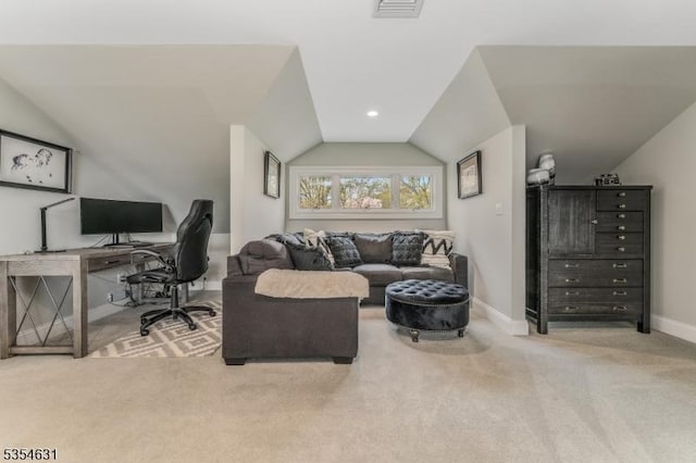 living area with baseboards, vaulted ceiling, carpet flooring, and visible vents