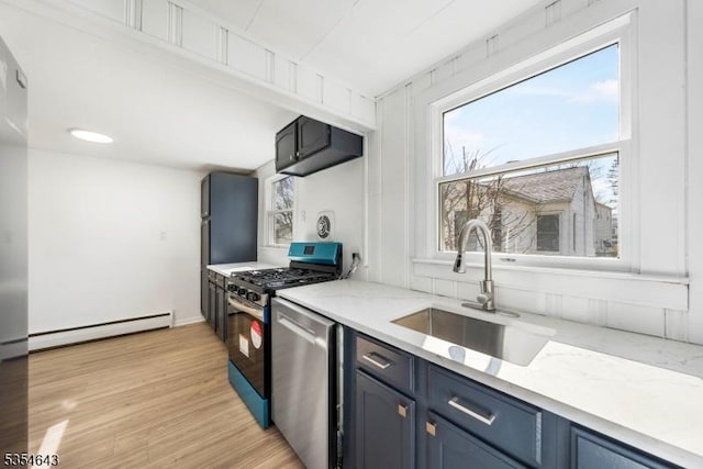 kitchen with blue cabinets, light wood-type flooring, a sink, a baseboard radiator, and stainless steel appliances