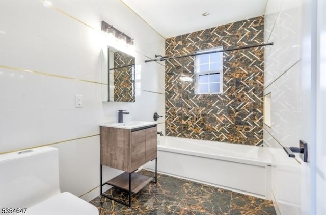 376 Wallingford Ter, Union Twp, NJ 07083 - full bath with shower / bathtub combination, vanity, marble look tiles, and toilet