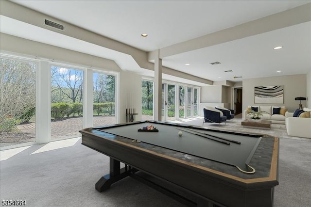 recreation room featuring pool table, carpet, visible vents, and recessed lighting