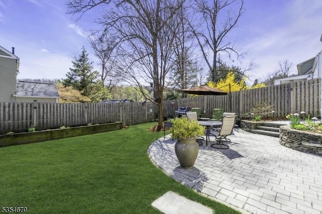view of yard with a fenced backyard, outdoor dining area, and a patio area
