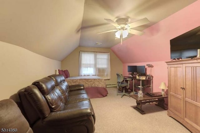 living room featuring carpet floors, a ceiling fan, a baseboard heating unit, and lofted ceiling