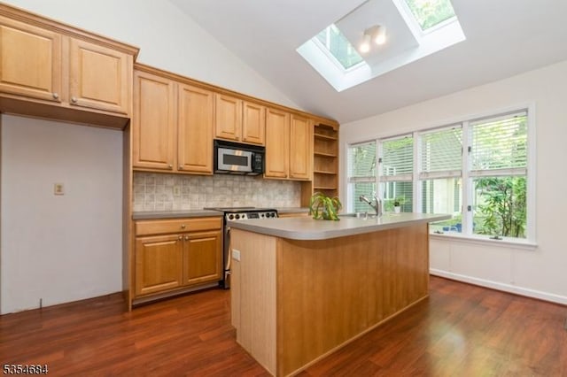 kitchen with appliances with stainless steel finishes, decorative backsplash, dark wood-style flooring, and lofted ceiling with skylight