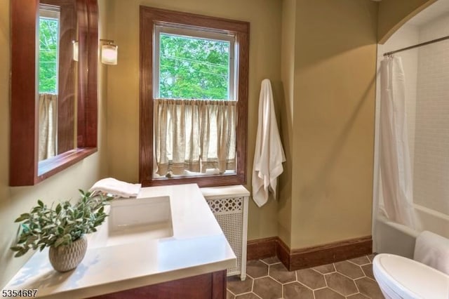 1 Ambar Pl, Bernardsville Boro, NJ 07924 - full bathroom with radiator heating unit, tile patterned floors, baseboards, vanity, and shower / tub combo
