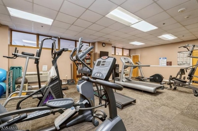 workout area featuring carpet floors and a drop ceiling