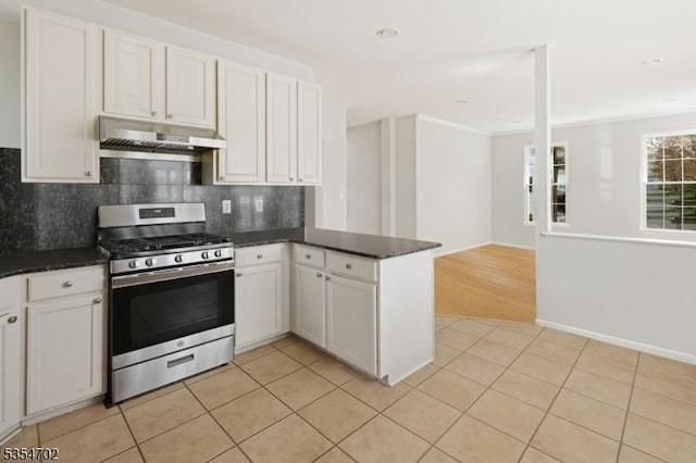 kitchen featuring stainless steel range with gas cooktop, backsplash, under cabinet range hood, and light tile patterned floors