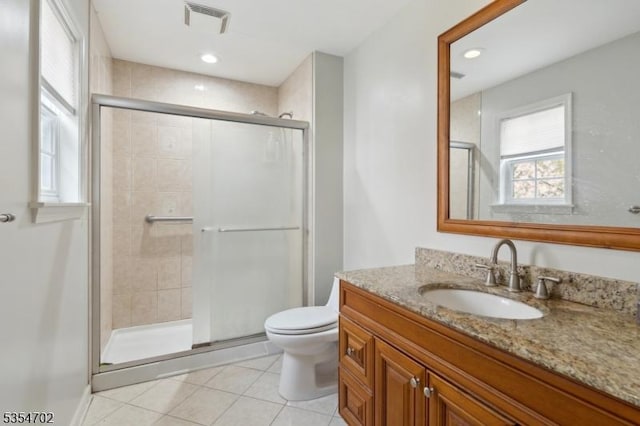 bathroom with vanity, toilet, tile patterned floors, a shower stall, and visible vents