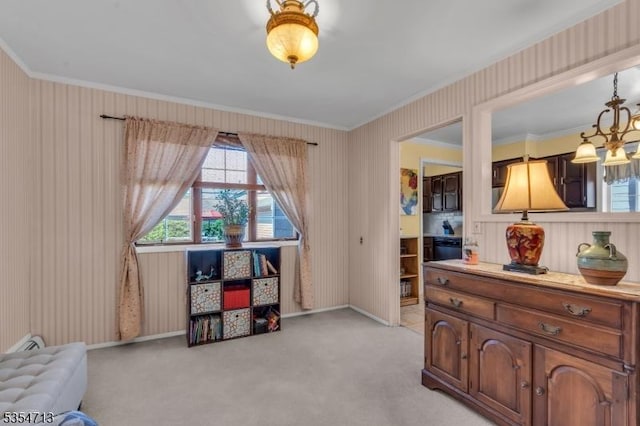 interior space featuring crown molding, baseboards, light colored carpet, and a notable chandelier