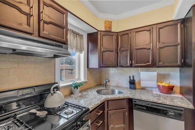 kitchen featuring a sink, dishwasher, black range with gas cooktop, backsplash, and ornamental molding