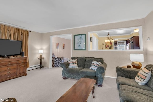 living area with crown molding, light colored carpet, and baseboard heating