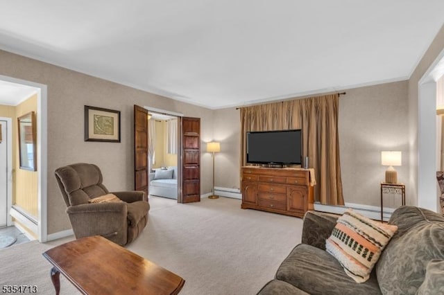 living room with baseboards, light colored carpet, baseboard heating, and a baseboard radiator