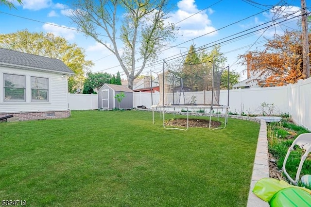 view of yard featuring an outdoor structure, a fenced backyard, a trampoline, and a storage shed