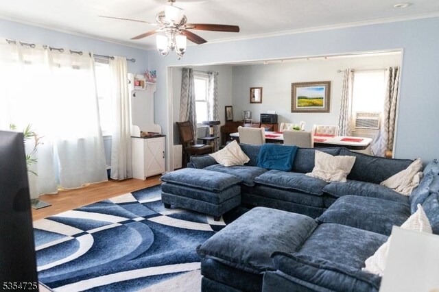1263 Biscayne Blvd, Union Twp, NJ 07083 - living room with ornamental molding, a ceiling fan, and wood finished floors